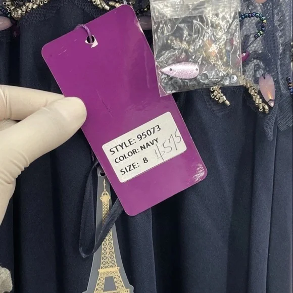 Abby Paris Formal Dress Size 8 Navy Blue Beaded Waist Train Gown AUTHENTIC NWT - Picture 7 of 15